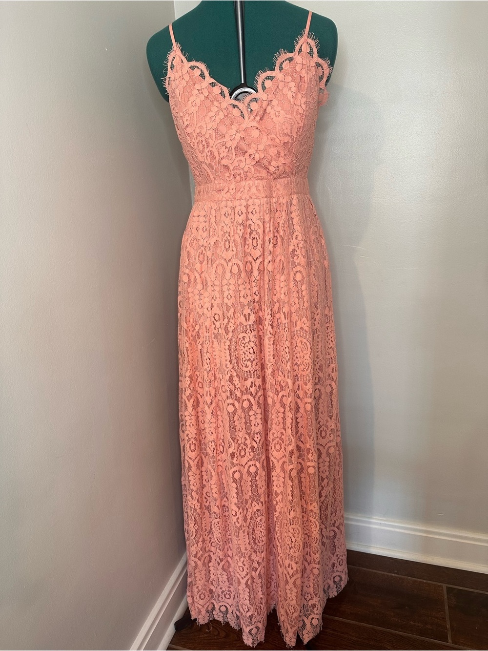 Lulu's pink Lace Maxi Dress with Scalloped V-Neck